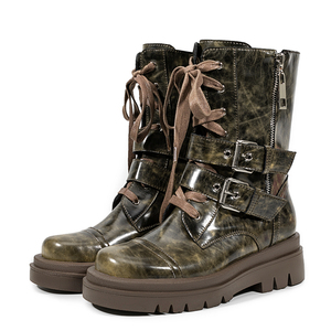 Botines de mujer de suela gruesa con cremallera lateral, cordones, cinturones y hebillas, estilo combate, de caña alta. - Product Image 6