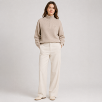 Pull en tricot fin taupe pour femme, col montant, manches longues, fabrication sur mesure