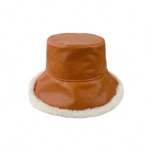 Chapeau de pêcheur en cuir PU noir lisse pour l'hiver, chapeau chaud vintage japonais en laine d'agneau, chapeau bob - Product Image 4