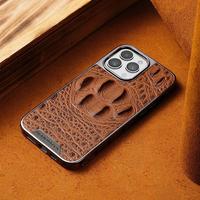 Coque en cuir exclusive peau de crocodile pour iPhone 16 15 13 Pro 14 Plus