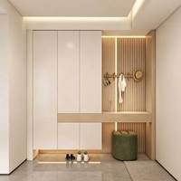 Meuble d'entrée Japandi moderne avec rainures verticales en bois et bande LED intégrée, armoire modulaire pour vestiaires de villas