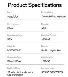 Yesido 104 touches touches d'origine RGB éclairage coloré 1.5M longueur câble Standard trois zones <span class=keywords><strong>clavier</strong></span> filaire KB44 - Product Image 5