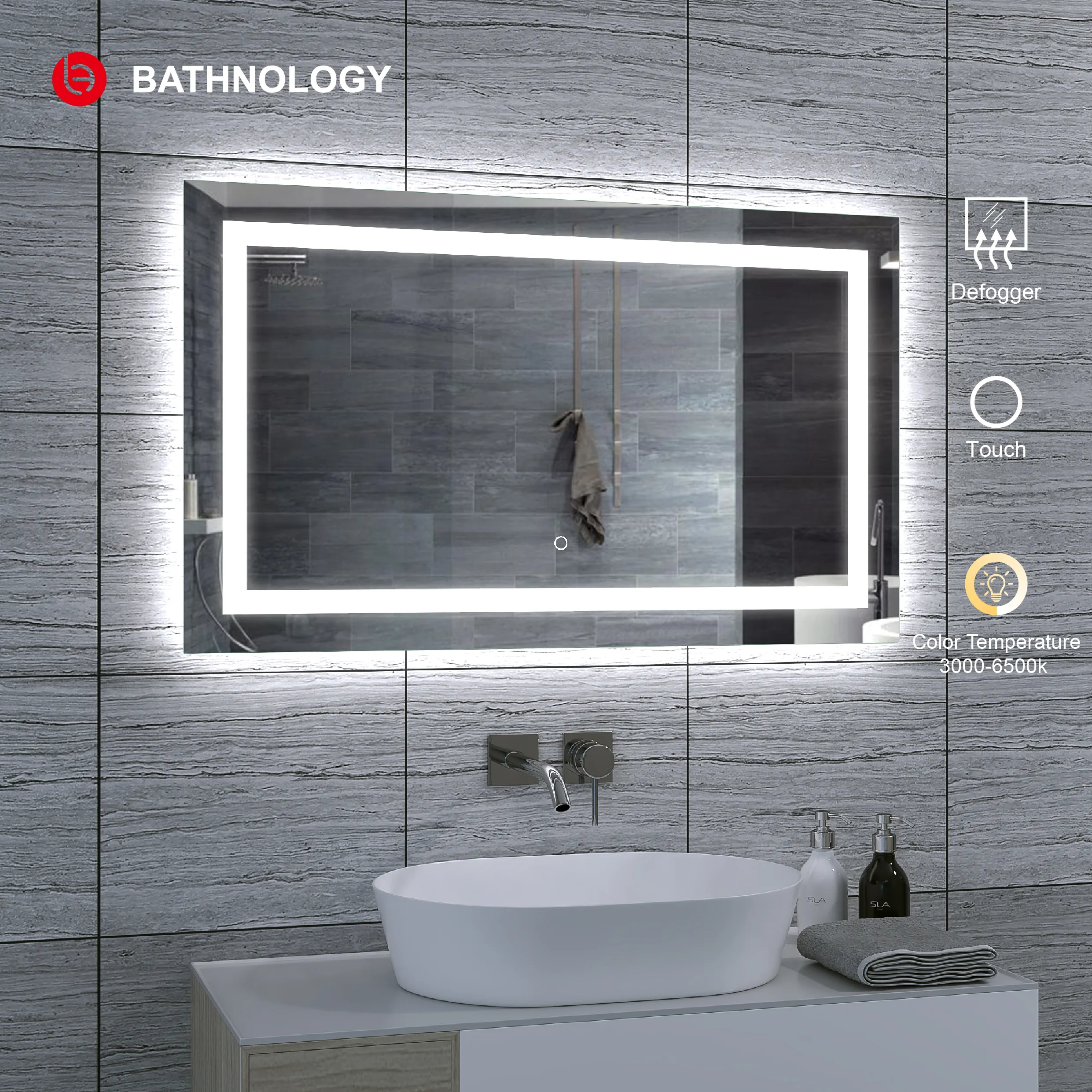الأمازون الساخن بيع LED مرآة الذكية اللمس الاستشعار مكافحة الضباب حمام مرآة حائط الحمام أدى مرآة