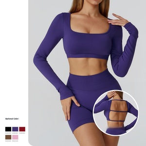 WOJIEER nuovo Design per allenamento con scricciolo quadrato Slim Fit camicia <span class=keywords><strong>Crop</strong></span> sostenibile a manica lunga da palestra da donna - Product Image 4