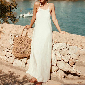 Robe dos nu en coton de couleur avoine sur mesure OEM, avec bordure en corde, = robe décontractée à bretelles en lin 100% de haute qualité - Product Image 1