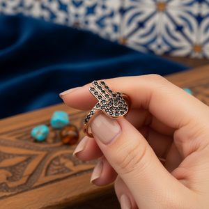 Hamsa Shape แหวนปรับขนาดได้,แหวนเงินดีไซน์แบบเปิดแหวนปรับได้เครื่องประดับเงินทำมือแบบตุรกี - Product Image 3