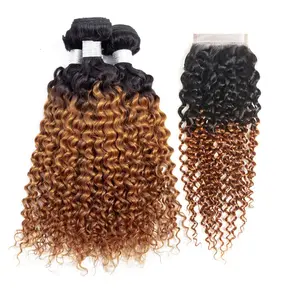 Ombre Curly Hair Bundles with Closure Wet and Wavy Kinky Curly Ombre Human Hair Weave 2 Tone Deep Wave Hair Extensions T1B/30
