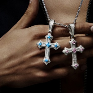 Cross Pendant Necklace With Blue And Pink Zircon Stones Micro Insert Unisex Everyday Wear Geometric Design - Product Image 2
