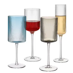 Toptan özelleştirilmiş çizgili koyu kırmızı bordo mor züccaciye seti cam şampanya flüt şarap kadehi Tumbler ve sürahi seti