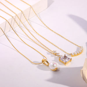 Women Fashion Stainless Steel Jewelry 18k Gold Plated Link <strong>Necklace</strong> White <strong>Pearl</strong> <strong>Pendant</strong> Zircon Charm Trendy Party Accessories - Product Image 2