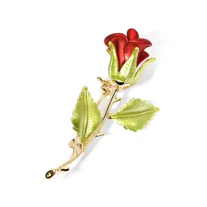 Broche cadeau de saint-valentin pour femme, broche en or véritable plaqué or 18K, Rose rouge, fleur, feuille, 2021