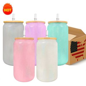 Bouteille en verre holographique scintillante blanche de 15 oz, 16 oz, 20 oz, prête pour la sublimation, avec couvercle en bambou - Product Image 1