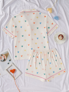 Camicia Casual <span class=keywords><strong>da</strong></span> donna estiva comoda <span class=keywords><strong>con</strong></span> <span class=keywords><strong>bottoni</strong></span> elasticizzati pantaloncini <span class=keywords><strong>da</strong></span> salotto <span class=keywords><strong>con</strong></span> stampa a cuore pigiama ODM lavorato a maglia - Product Image 3