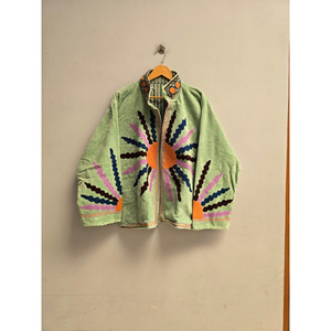 Light Green <b>Embroidered</b> <b>Women</b>’s <b>Jacket</b> with Multicolor Sunburst Motif, Stand Collar Long Sleeve Bohemian Designer Outerwear - Product Image 3