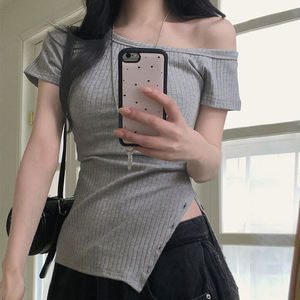 Camiseta Ecológica Casual Minimalista para Mujer, Oferta de Verano, Transpirable, Protección UV, Corte Asimétrico con Botones y Aberturas - Product Image 4