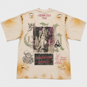 T-shirt Mud Wash Bone en coton épais, motif vieilli, coupe ample, style streetwear, personnalisé, vintage, à manches courtes, pour homme - Product Image 2