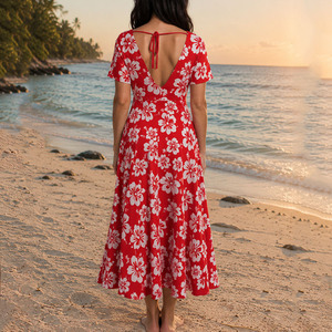 Vestido de verano con estampado Aloha, diseño personalizado, elegante, con cuello en V profundo, ajustado, de alta calidad, 100% rayón, vestidos elegantes. - Product Image 3