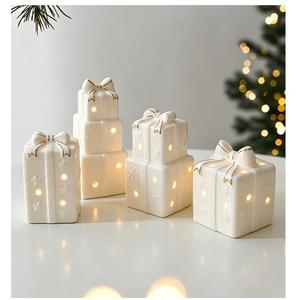 LINGKAI White Ceramic Christmas Gift Box Bell Ornaments With <b>LED</b> <b>Lights</b> Gold Trim Tabletop Xmas Home Holiday Desktop Decor - Product Image 3