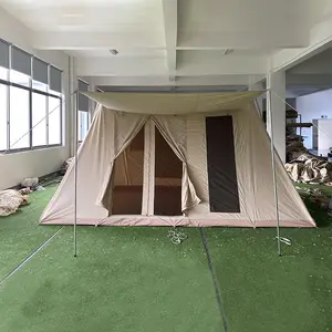 야외 가족 럭셔리 글램핑 캐빈 스프링 바 텐트 플렉스 보우 텐트 방수 코튼 캔버스 텐트