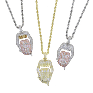 Nuevo diseño de dos tonos blanco rosa CZ Pave labio calavera dólar signo goteo dinero budismo aniversario colgante collar - Product Image 2