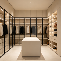 Armoire Modulaire Personnalisée Intégrée avec Îlot Central, Penderie Moderne Écologique en Bois et Portes en Verre Faciles à Installer