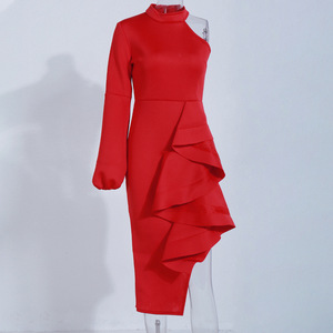 Nuovo Fashion Design da donna Sexy Slim irregolare <span class=keywords><strong>abito</strong></span> da sera <span class=keywords><strong>rosso</strong></span> arruffato vestito monospalla per la festa - Product Image 4