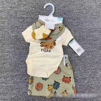 Summer Newborn Baby Boy Four-piece Cartoon Animal Dinosaure tiger Baby Onesie + Shorts + Chaussettes + Serviette baveuse