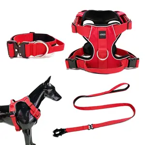 Custom Premium Combat Red Dog Harness Set With Soft Padded Adjustable Dog Collar And Leash For Training Dogs