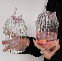 Tasse en verre papillon avec paille en verre et couvercle en verre à haute teneur en borosilicate pour jus de fruits, café, eau, cola et boisson