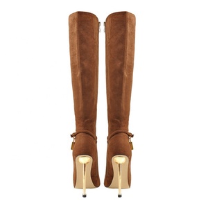 Big Size EU 46 Suede Women Pointy Toe <b>Knee</b> <b>High</b> Boots Stiletto Metal Lock Decor Long Booties <b>High</b> Metal Thin Heels Shoes - Product Image 3