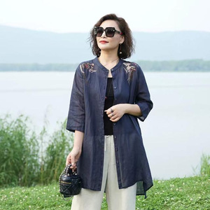 <b>Women's</b> Embroidered Mid-Length Shirt Navy Blue Cotton <b>Linen</b> <b>Cardigan</b> Spring Summer Loose Fit Vintage Style Outerwear - Product Image 1