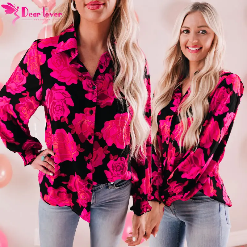 Dear-Lover Women Clothing New Design Rose Print Puff Sleeve Women Shirts Blouses And Tops