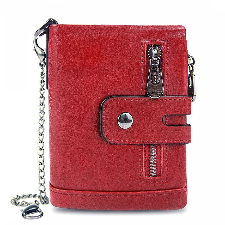 Hot Sale Cowhide Mini Genuine Leather Wallets RFID Blocking Luxury Gents Custom Zipper Mens Slim Wallet With Chain