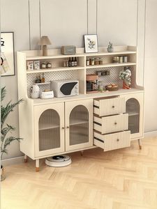 Credenza Multifunzione in Stile Crema con Effetto Pietra, Mobile Integrato per <span class=keywords><strong>Soggiorno</strong></span> e <span class=keywords><strong>Sala</strong></span> <span class=keywords><strong>da</strong></span> <span class=keywords><strong>Pranzo</strong></span>, Armadietto per Tè e Caffè - Product Image 6