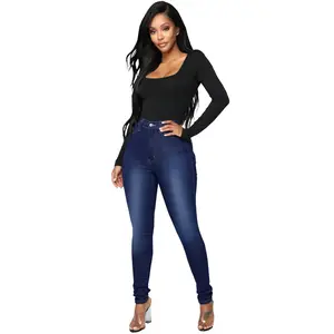 Jeans a vita alta ad alta elasticità blu scuro Jeans Skinny Casual Wear pantaloni Jeans elasticizzati per donna all'ingrosso personalizzati