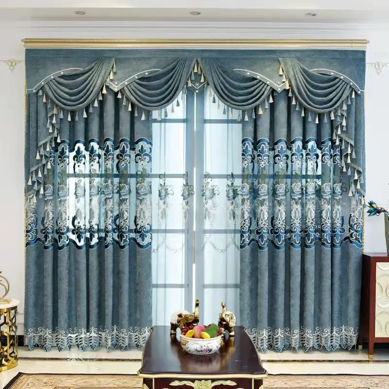 Luxury European Villa Navy Blue Chenille Window Curtains, Classic Royal Quality Carved Embroidery Curtains Fabric