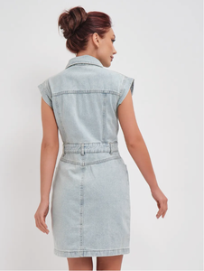<span class=keywords><strong>Abito</strong></span> in Denim <span class=keywords><strong>blu</strong></span> chiaro da donna con colletto frontale con bottone e cappuccio aderente in vita per Casual e abbigliamento da lavoro - Product Image 3
