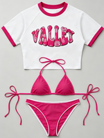 Set Bikini 3 Potong Wanita dengan Kaos Lengan Pendek Bermotif, Pakaian Pantai, Baju Renang, Pakaian Renang Liburan Musim Panas untuk Wanita