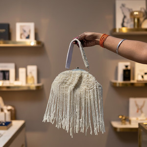 Handmade Soft Eco-Friendly Beaded <b>Clutch</b> <b>Bag</b> with <b>Pearl</b> Fringe and Ring Handle Elegant Evening Party Handbag - Product Image 3