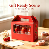 Caja de Regalo Portátil al por Mayor con Asa y Ventana para Jugo de Frutas, Embalaje de Papel para Botellas de Bebidas y Fresas