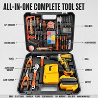 Ensemble d'outils de perçage sans fil, kit d'outils électriques, 2 batteries, chargeur, étui de transport pour la réparation à domicile, bricolage, travaux ménagers