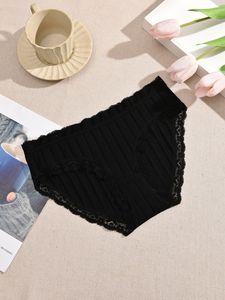 Wholesale Solid Color Panties Soft Vertical Strip Cotton Full Lace Waist &amp; <strong>Leg</strong> <strong>Opening</strong> Mid Rise Daily <strong>Women</strong> Underwear - Product Image 5