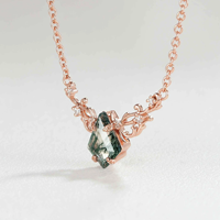 Collier en argent sterling S925 plaqué or rose avec pendentif en agate mousse en forme de cerf-volant, pierre naturelle en forme de feuille