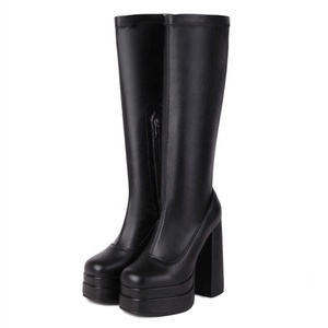 Bottes longues à talons hauts et plateforme, bout carré, fermeture éclair latérale, grande taille 48, collection automne-hiver 2022 - Product Image 6