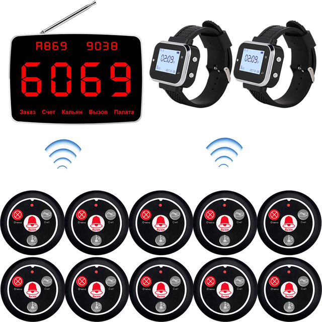 Wireless Calling System Pager with 10 Call Button Transmitters 1 Display Receiver 2 Watch Pagers for Restaurant, Hotel