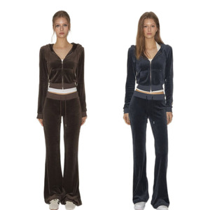 Ensemble de survêtement <span class=keywords><strong>en</strong></span> <span class=keywords><strong>velours</strong></span> pour femmes KY, veste zippée d'hiver et <span class=keywords><strong>pantalon</strong></span> <span class=keywords><strong>évasé</strong></span>, tenue deux pièces, vêtements de détente - Product Image 1