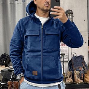 Felpa con cappuccio da uomo autunnale e invernale con cerniera, tinta unita, modello ampio, sportiva, con tasche multiple e applicazioni. - Product Image 5