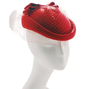 Sombrero pastillero de fieltro de lana roja para mujer, boina francesa, vestido de fiesta de té, con velo de malla