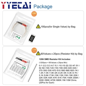 Kit de résistances CMS de haute précision 1% 1206, assortiment de résistances 0,1Ω, 1Ω, 100Ω, 220Ω, 330Ω, 470Ω, 1KΩ, 4,7KΩ, 10KΩ, 20KΩ, 33KΩ, 43KΩ, 75KΩ, 82KΩ, <span class=keywords><strong>2R2</strong></span> Ohm, 1/4W - Product Image 5