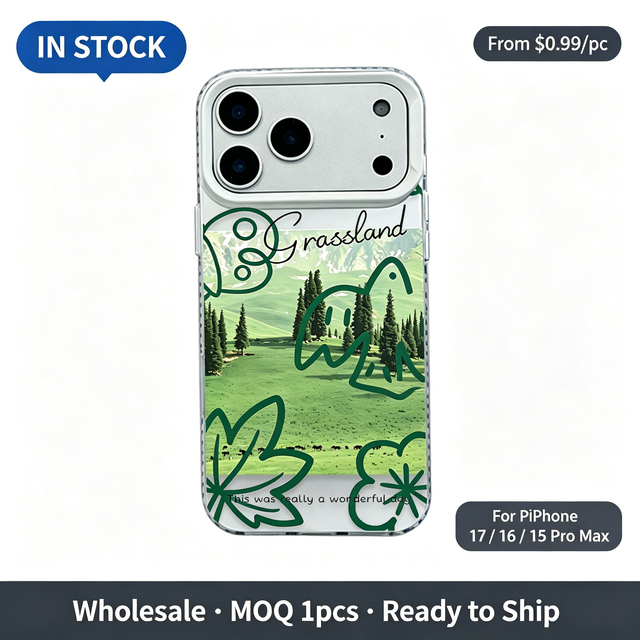 Green Grassland Nature Scenery Line Art Clear TPU Case, Shockproof Protective Phone Cover for iPhone 17 16 15 14 13 Pro Max